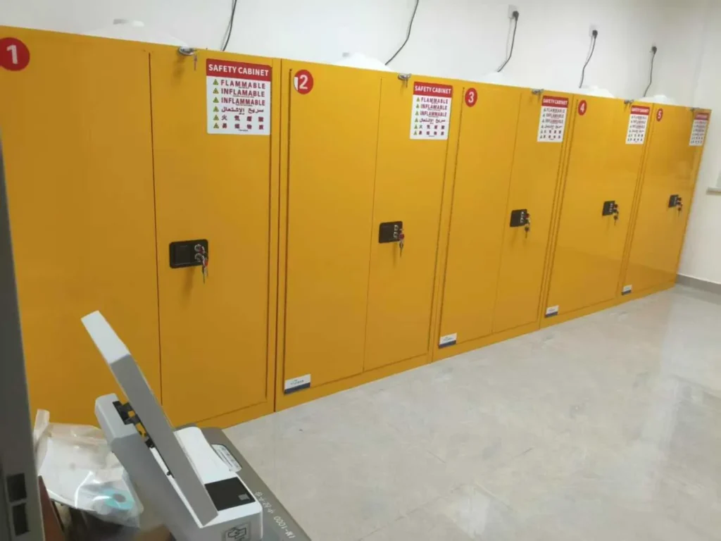 Yellow flammable hazardous chemical storage cabinet equipped with ground wire and vents